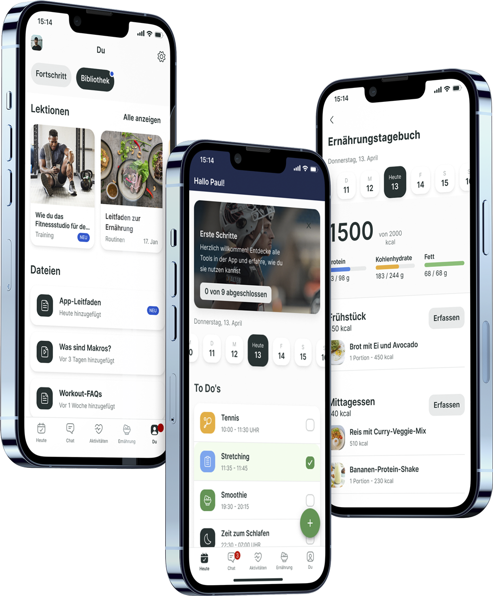 Ein Mockup der Coaching-App, das die Funktionen zeigt.